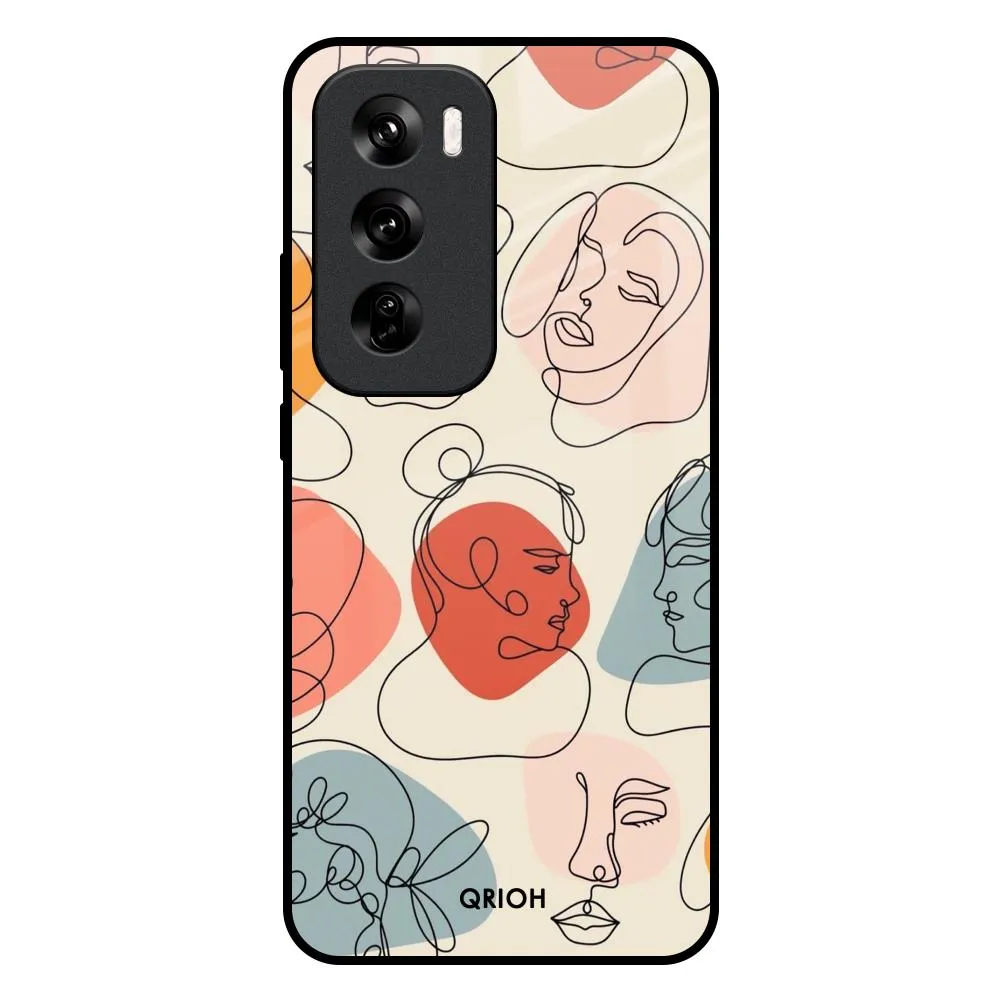 Elegant Look Soft Shield Abstract Faces Glass Case for Oppo Reno 12 5G