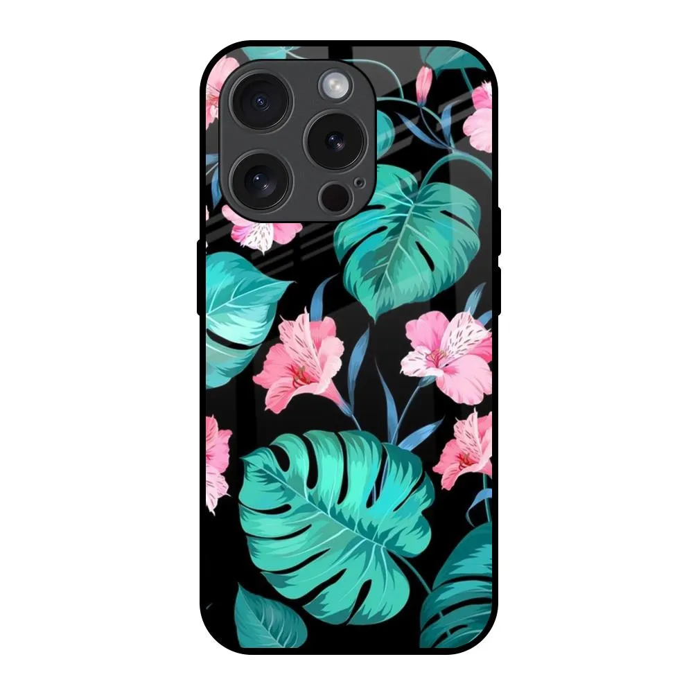 Ultra Slim Tropical Leaves & Pink Flowers Glass Case for iPhone 15 Pro