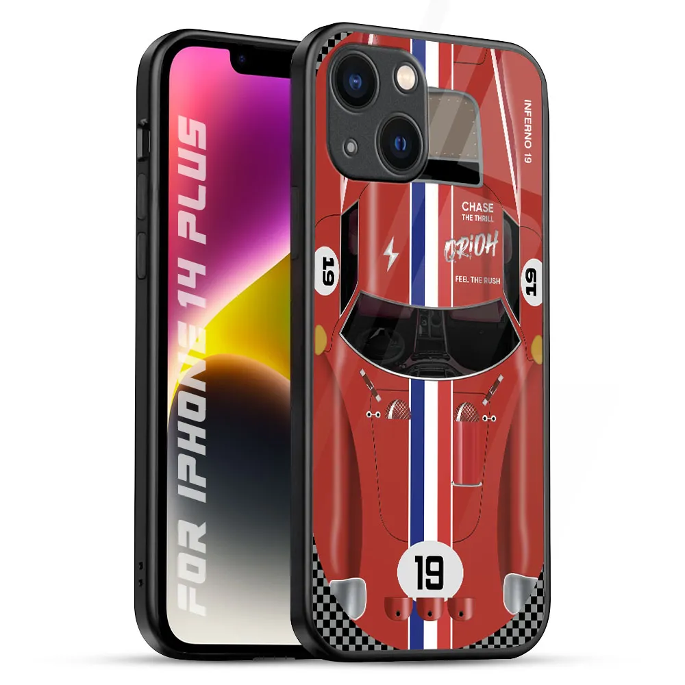 Creative Style Protective Detail Racing Vintage Glass Case for iPhone 14 Plus