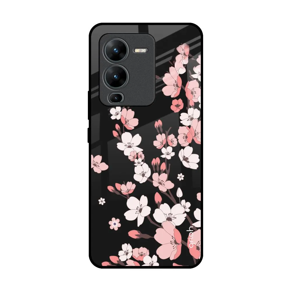 Black Cherry Blossom Glass Case for Vivo V25 Pro Color Gradient Everyday Use