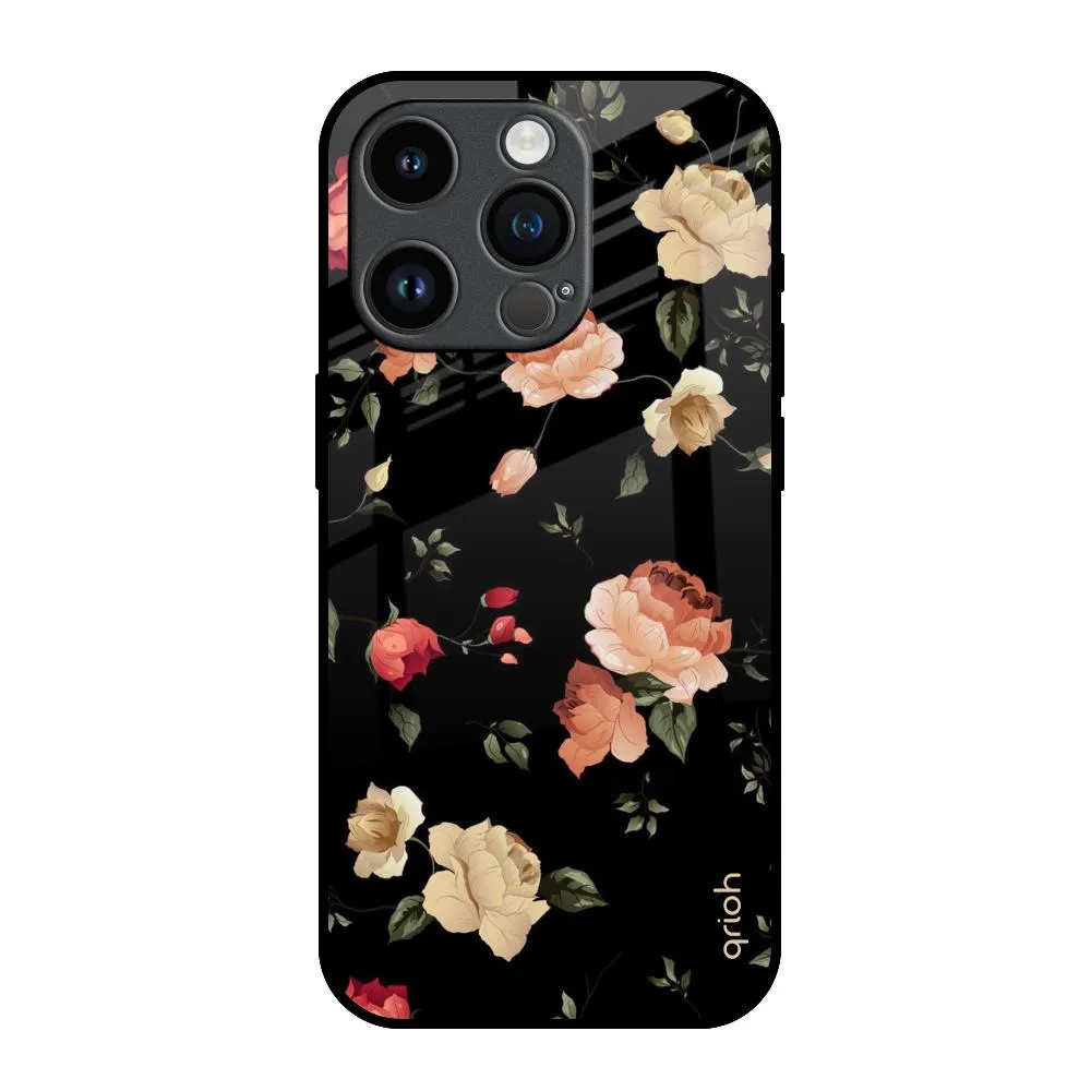 Black Spring Floral Glass Case for iPhone 14 Pro Gloss Layer Finish Soft Texture