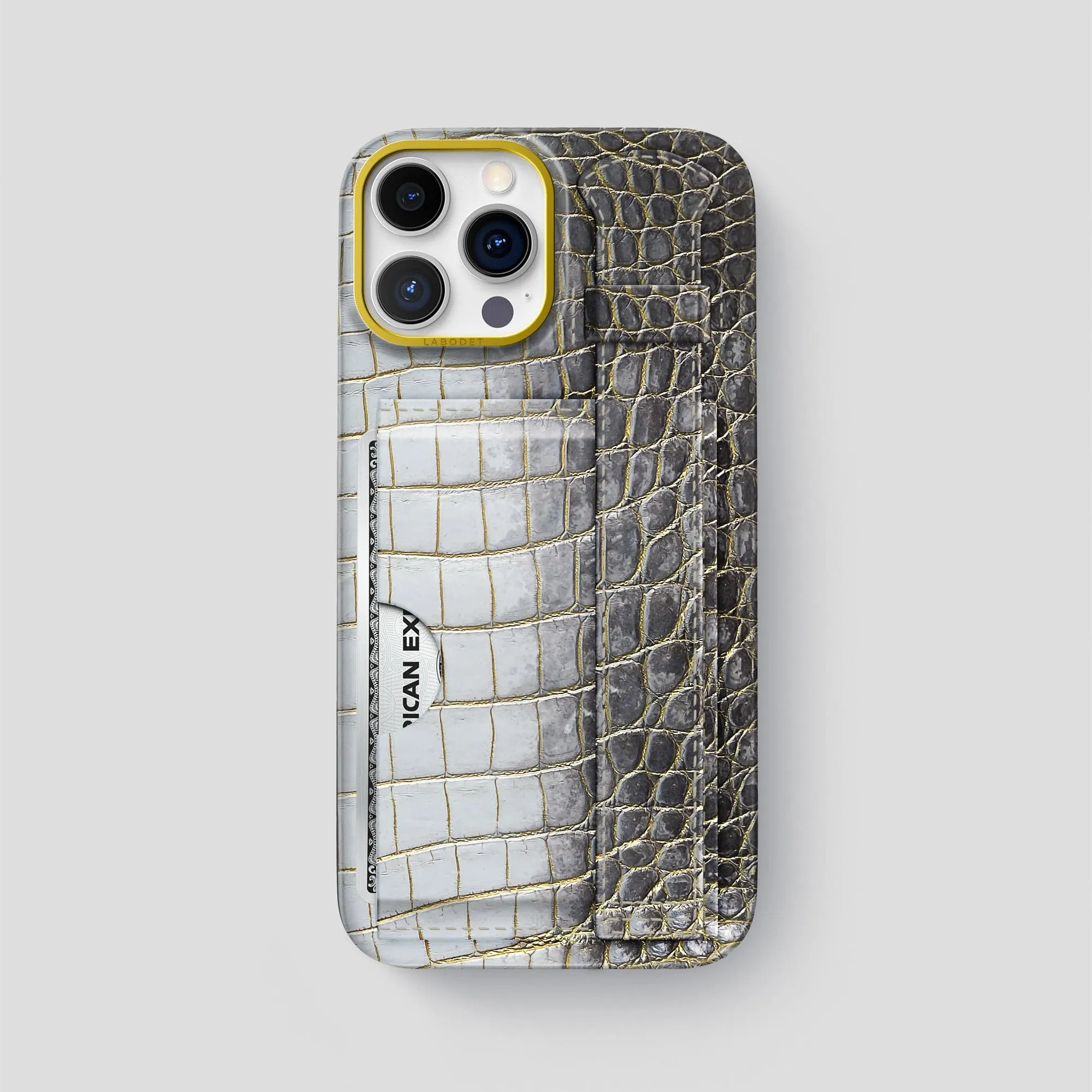 Cardholder Strap Case For iPhone 14 Pro Max In Himalayan Crocodile Modern Surface Design