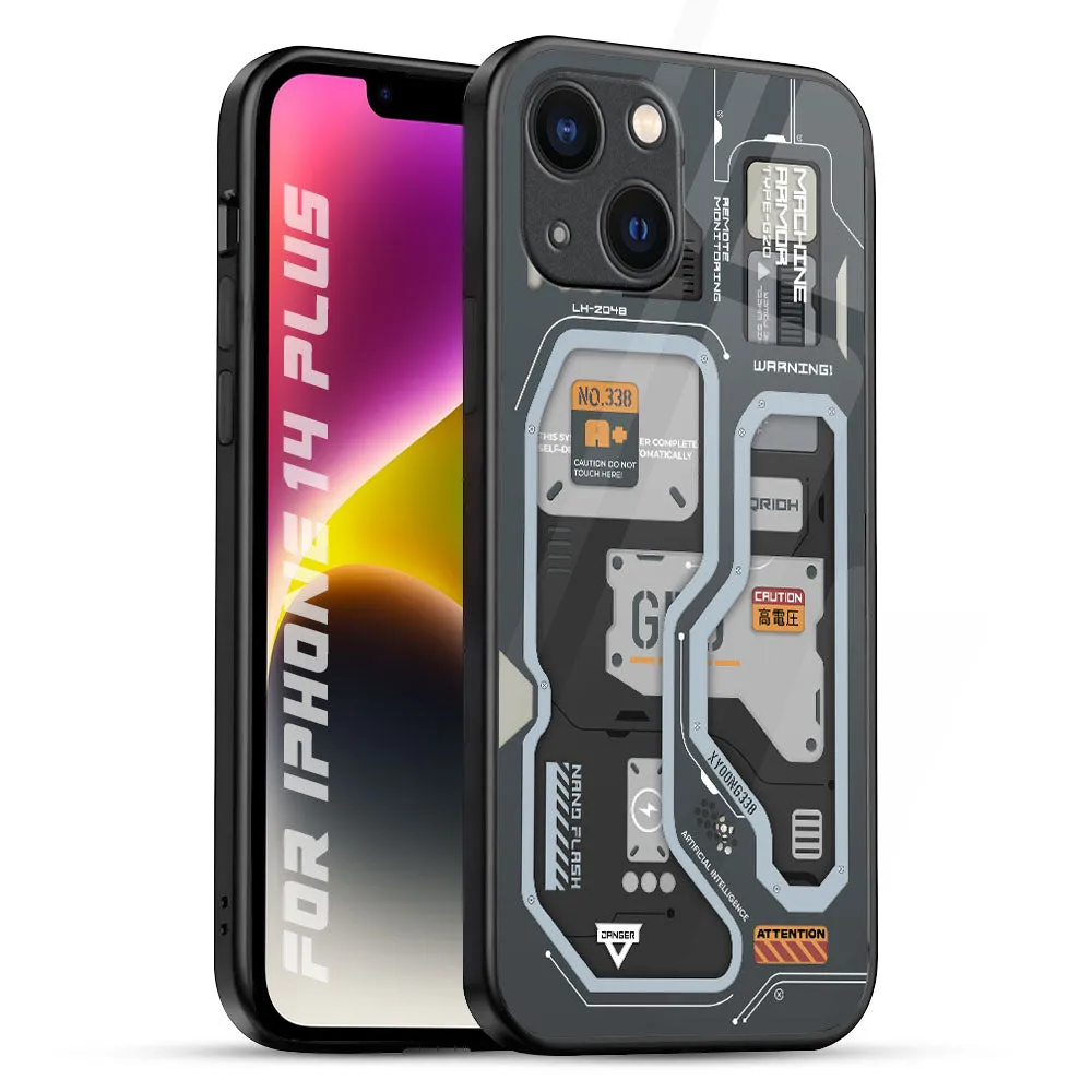 Retro Futuristic Glass Case for iPhone 14 Plus Refined Look