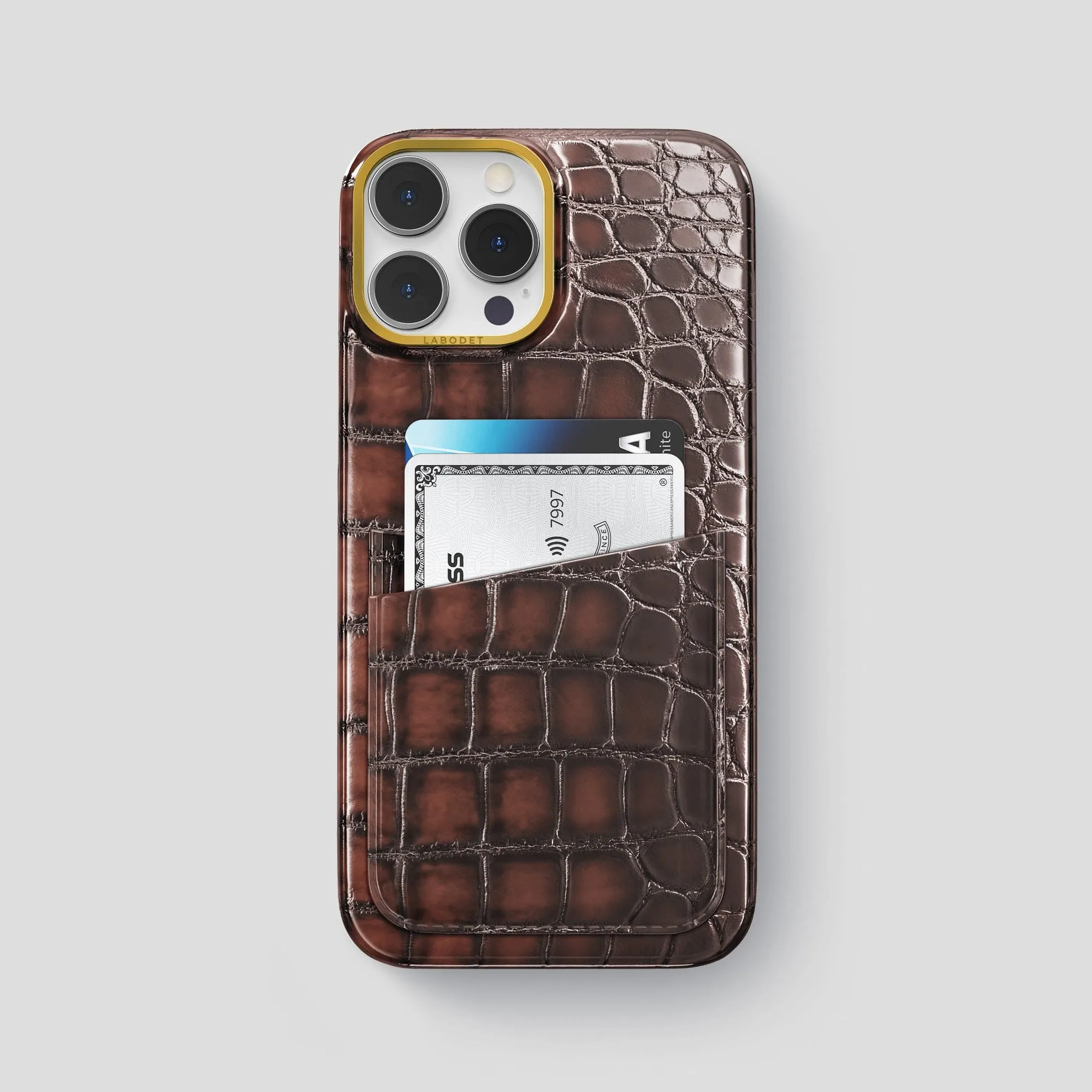 Premium Finish Flexible Texture Double Card Case For iPhone 14 Pro Max In Patina Alligator