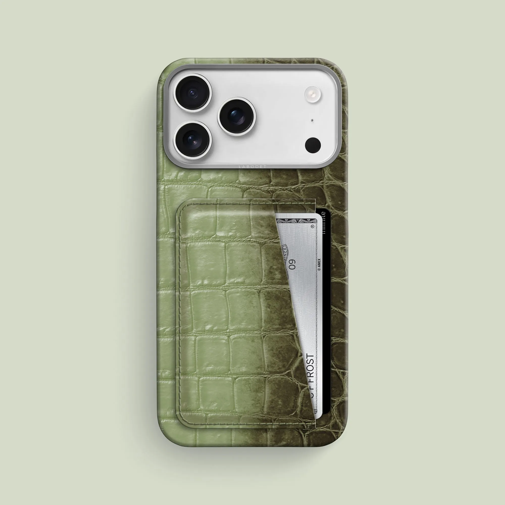 Double Card Case Celadon Green For iPhone 17 Pro Max In Himalayan Crocodile Soft Shield