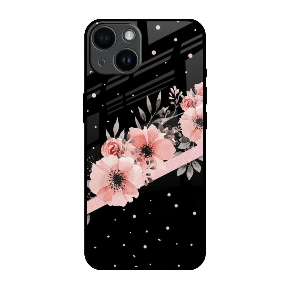 Universal Design Smooth Coating Floral Black Band Glass Case For iPhone 14