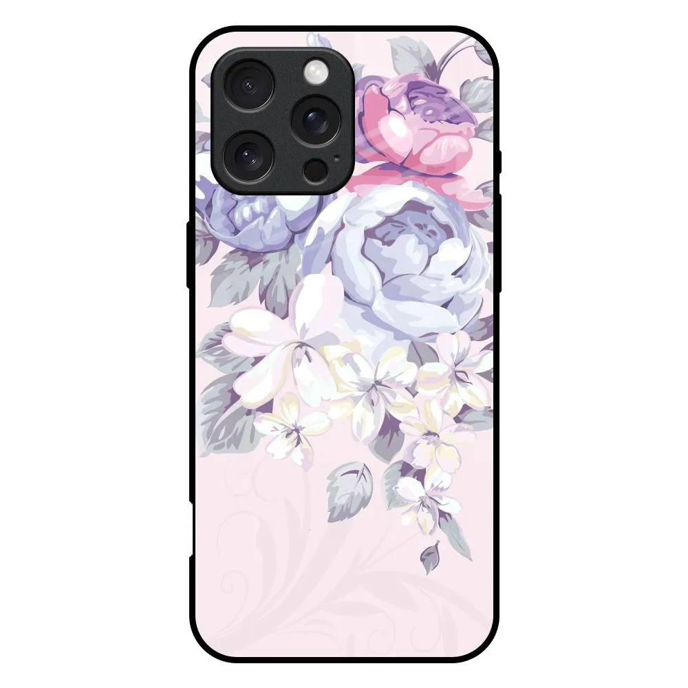 Glossy Texture Elegant Floral Glass Case for iPhone 16 Pro Max