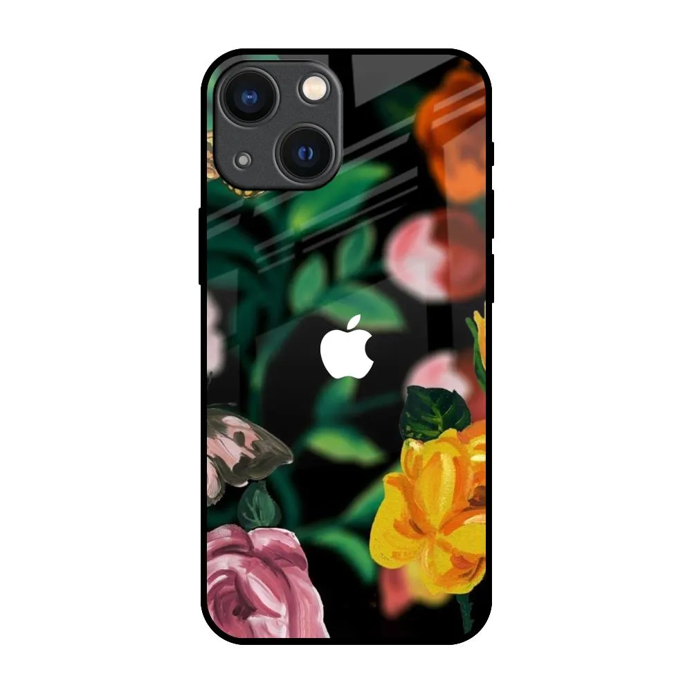 Luxury Finish Compact Look Flowers & Butterfly Glass Case for iPhone 14 Plus