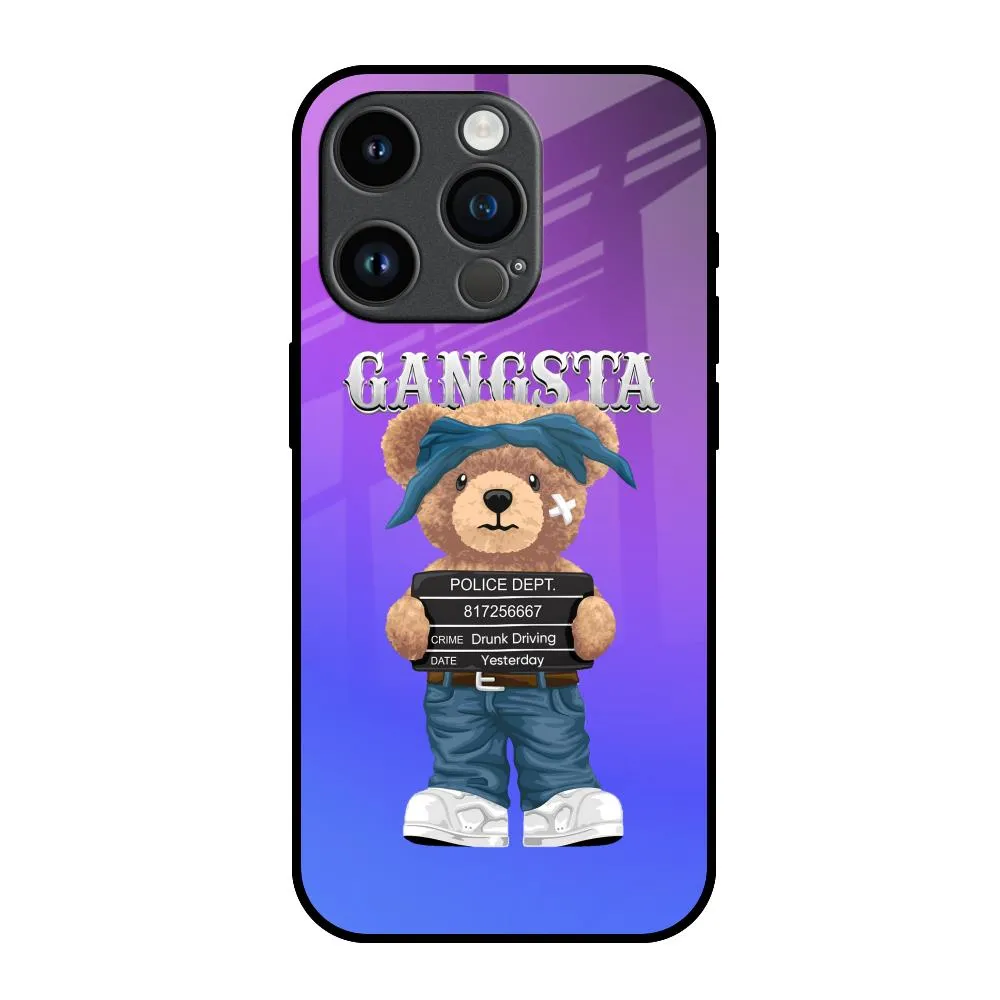Elegant Pattern Gangsta Bear Glass Case for iPhone 14 Pro