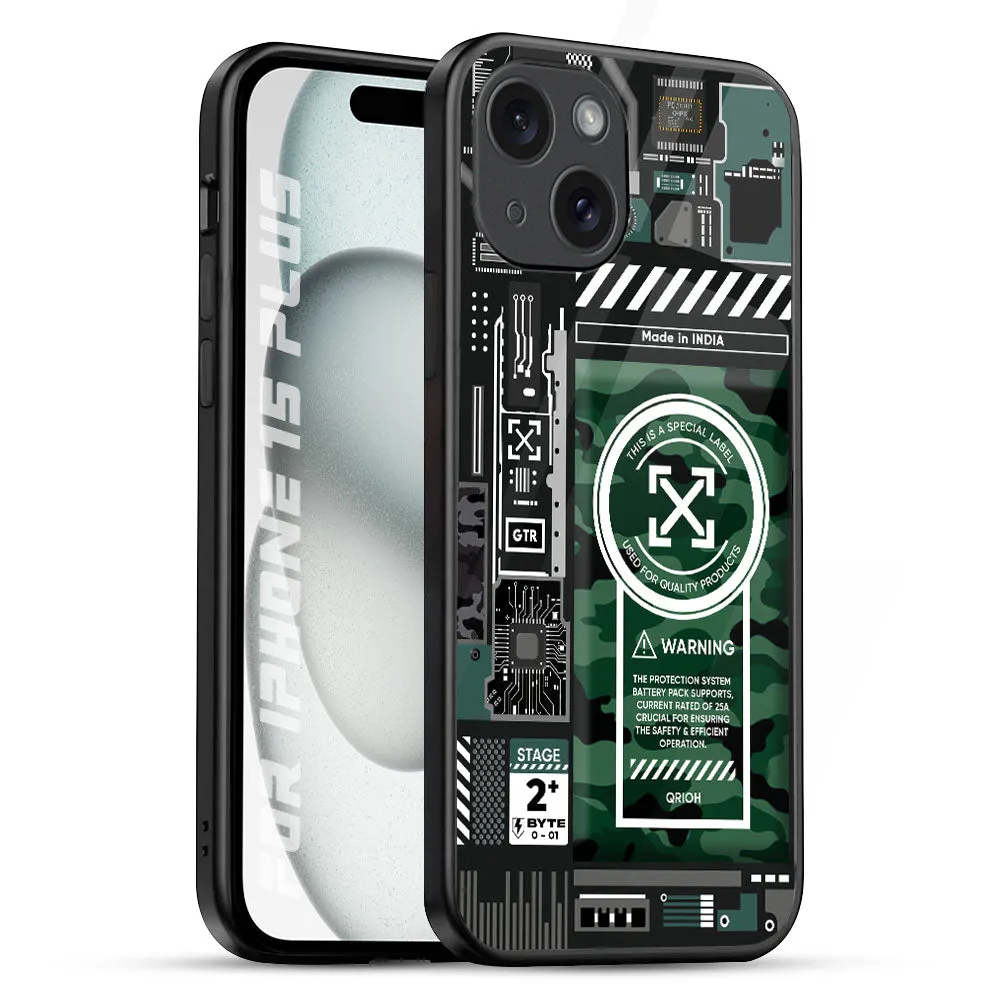 Green Camo Circuit Glass Case for iPhone 15 Plus Scratchproof Surface Soft Edge Texture