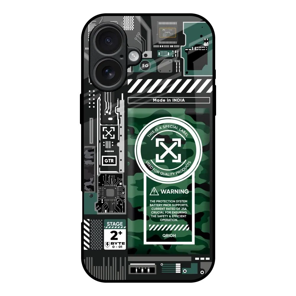 Unique Pattern Protective Detail Green Camo Circuit Glass Case for iPhone 17