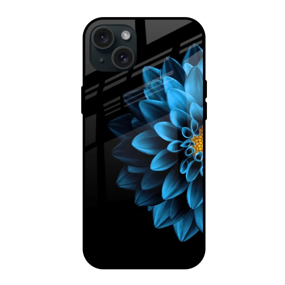 Half Blue Flower Glass Case for iPhone 15 Plus Polished Detail