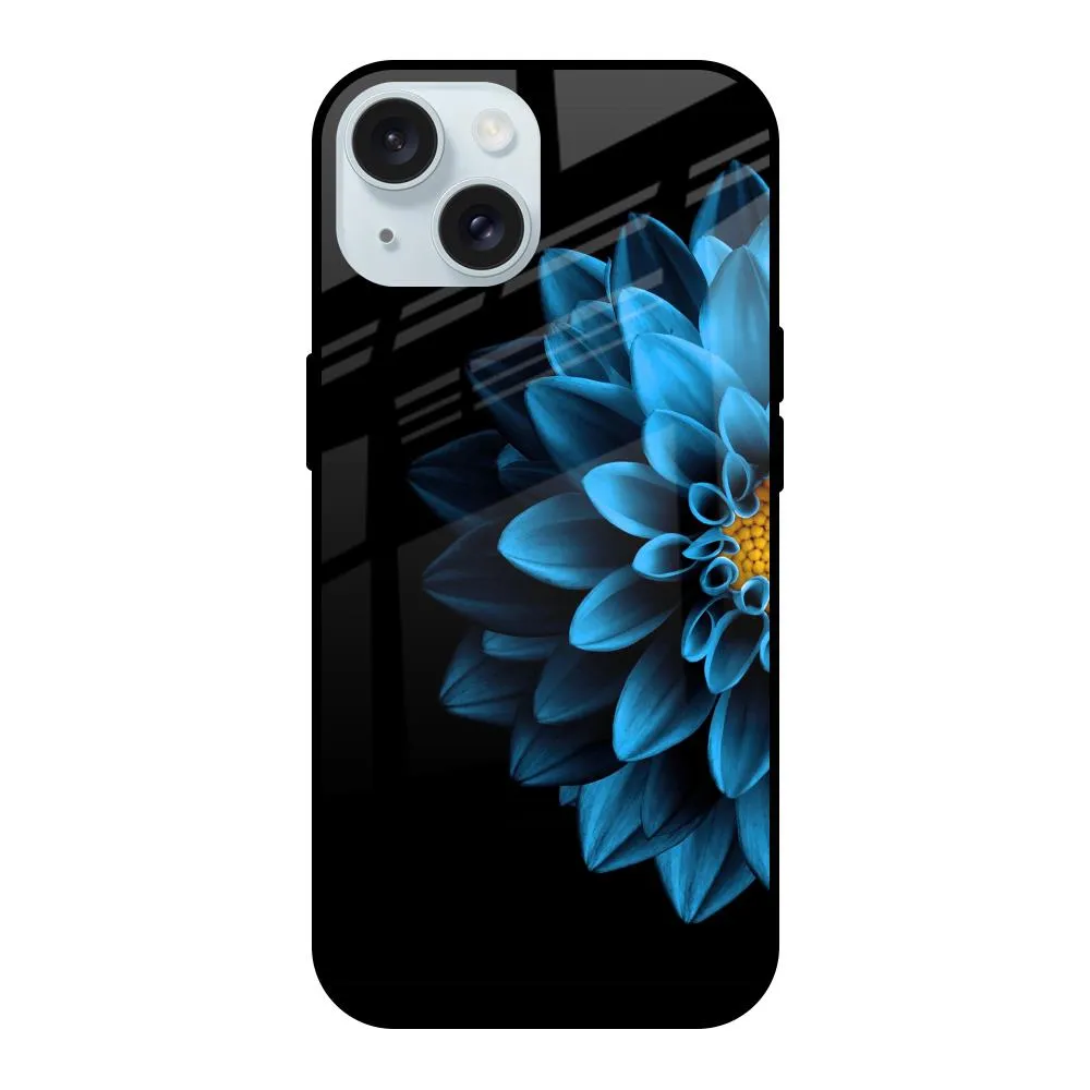 Half Blue Flower Glass Case for iPhone 15 Transparent Look