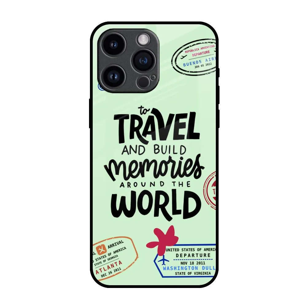 Travel Stamps Glass Case for iPhone 14 Pro Max Clear Surface Color Pattern
