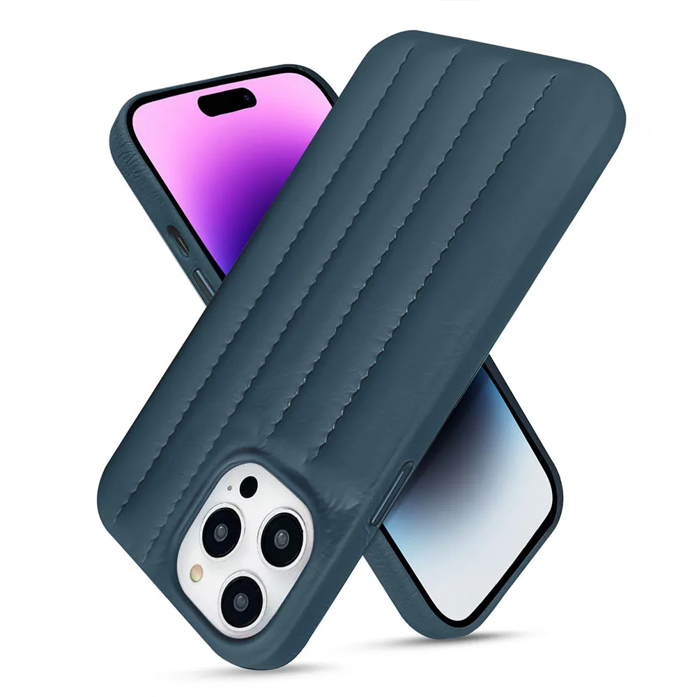 Indigo Blue Stitch Leather Back Cover for iPhone Polished Texture Design Modern Texture Look