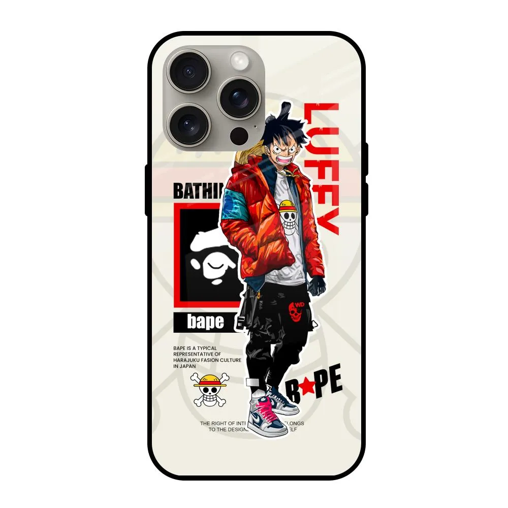 Bape Luffy Glass Case for iPhone 15 Pro Max Easy Grip