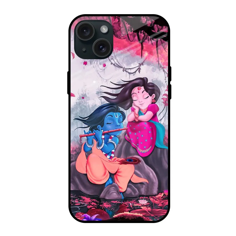 Radha Krishna Art Glass Case for iPhone 15 Plus Comfort Texture