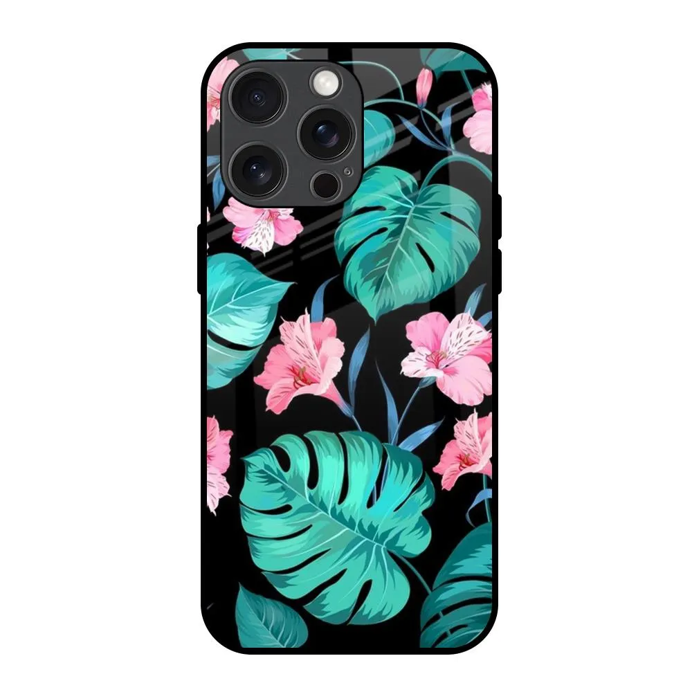 Tropical Leaves & Pink Flowers Glass Case for iPhone 15 Pro Max Comfort Build Gloss Surface Layer