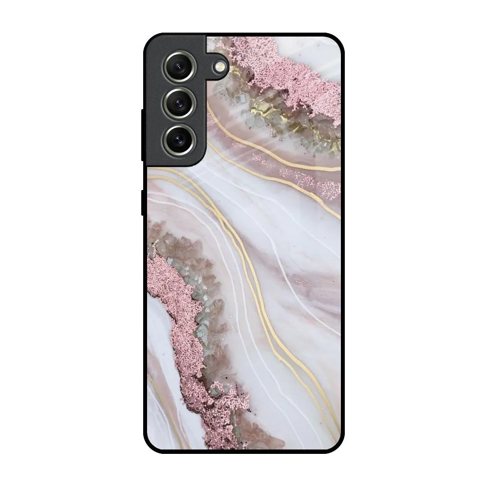 Flexible Material Pink & Gold Gllitter Marble Glass Case for Samsung Galaxy S21 FE 5G