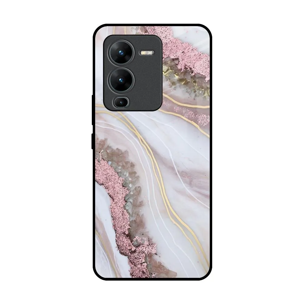 Unique Pattern Sleek Guard Pink & Gold Gllitter Marble Glass Case for Vivo V25 Pro
