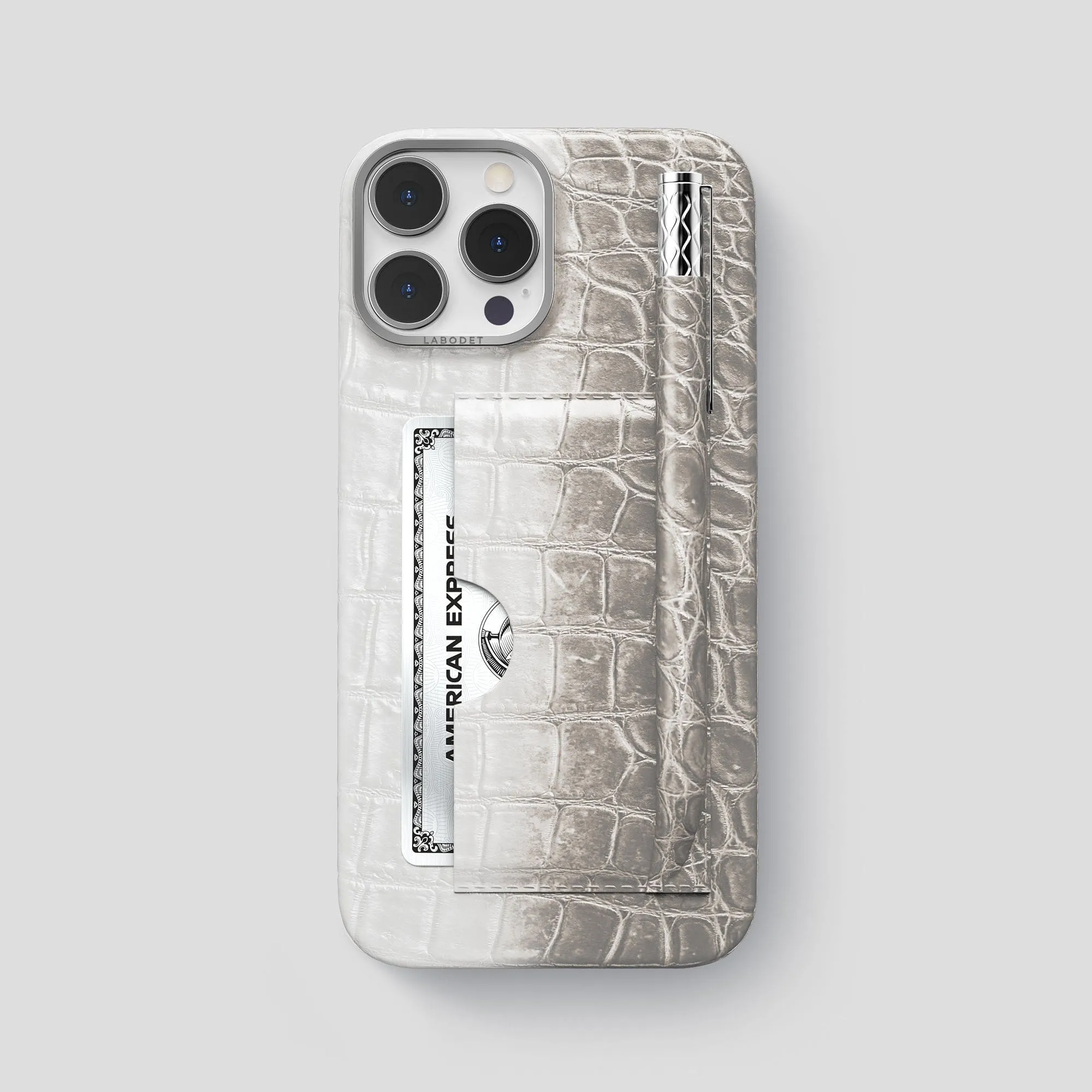 Slim Look Grip Safe Card and Pen Holder Case For iPhone 14 Pro Max In Himalayan Crocodile