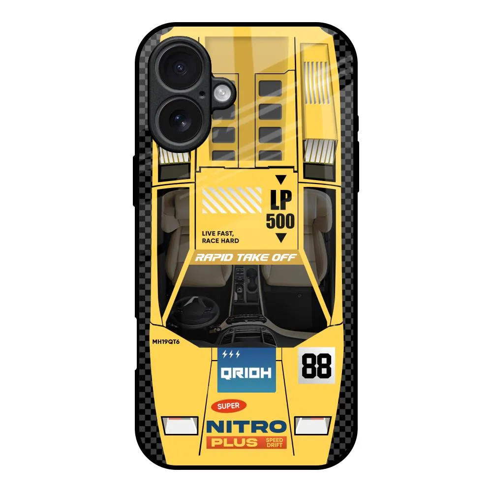 Yellow Racing Car Glass Case for iPhone 17 Smooth Texture