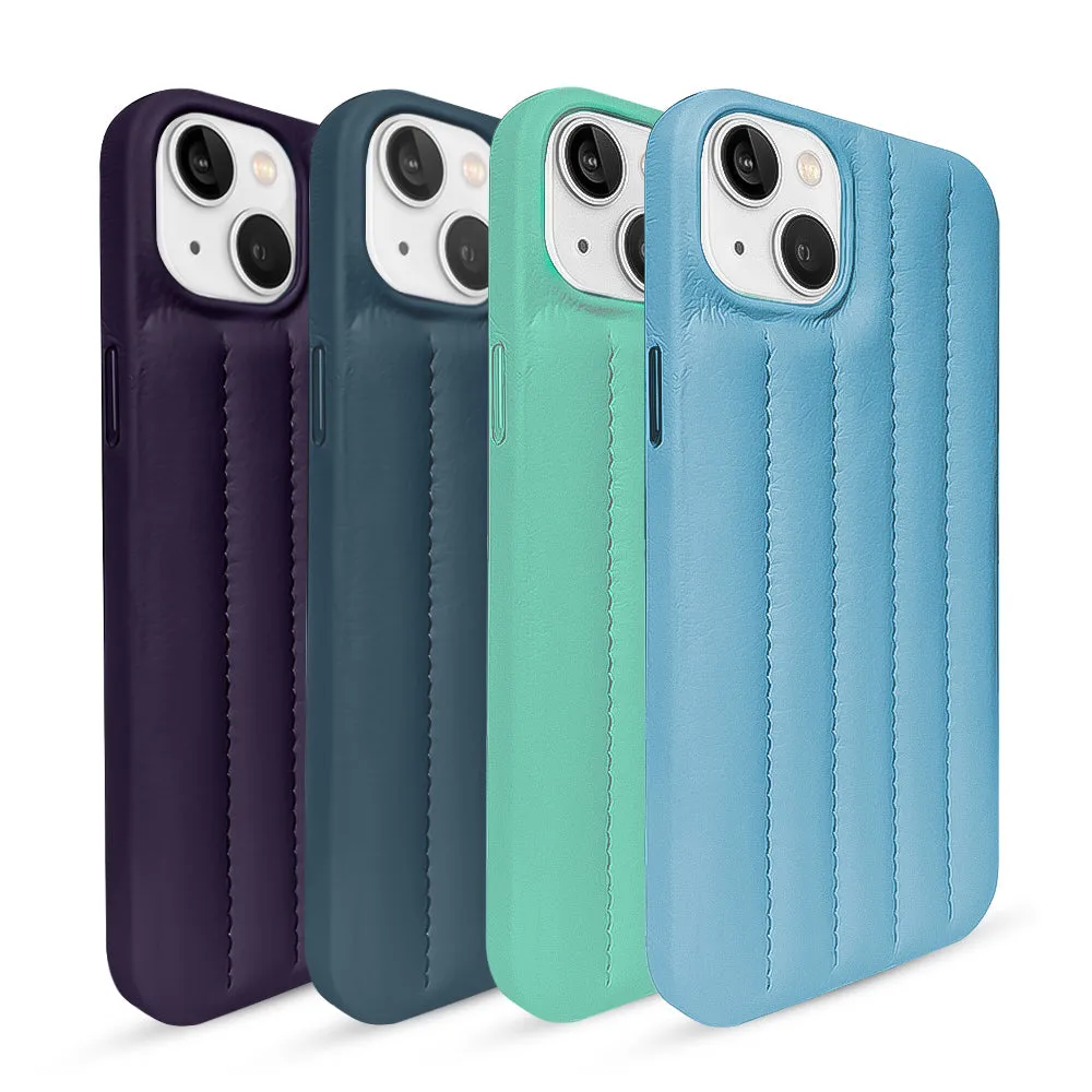 Sky Blue Stitch Leather Back Cover for iPhone Soft Edge Texture Minimal Protection