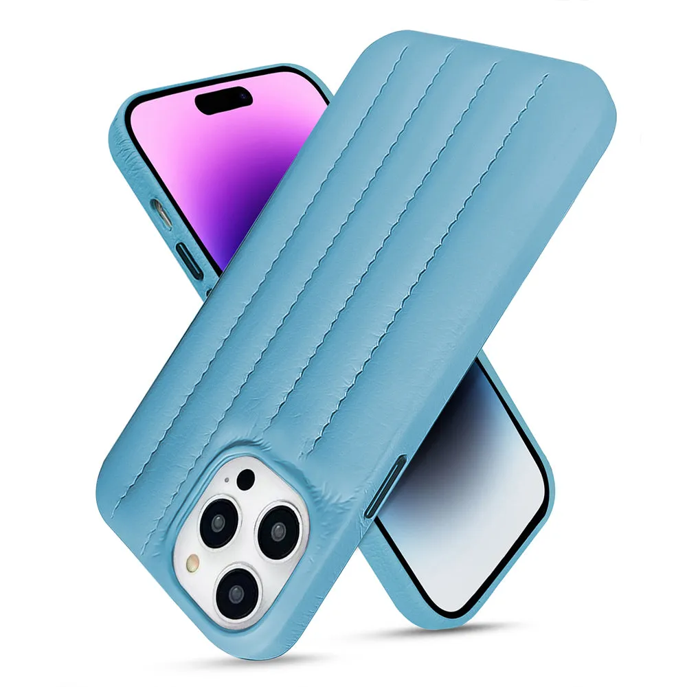 Premium Texture Simple Style Sky Blue Stitch Leather Back Cover for iPhone