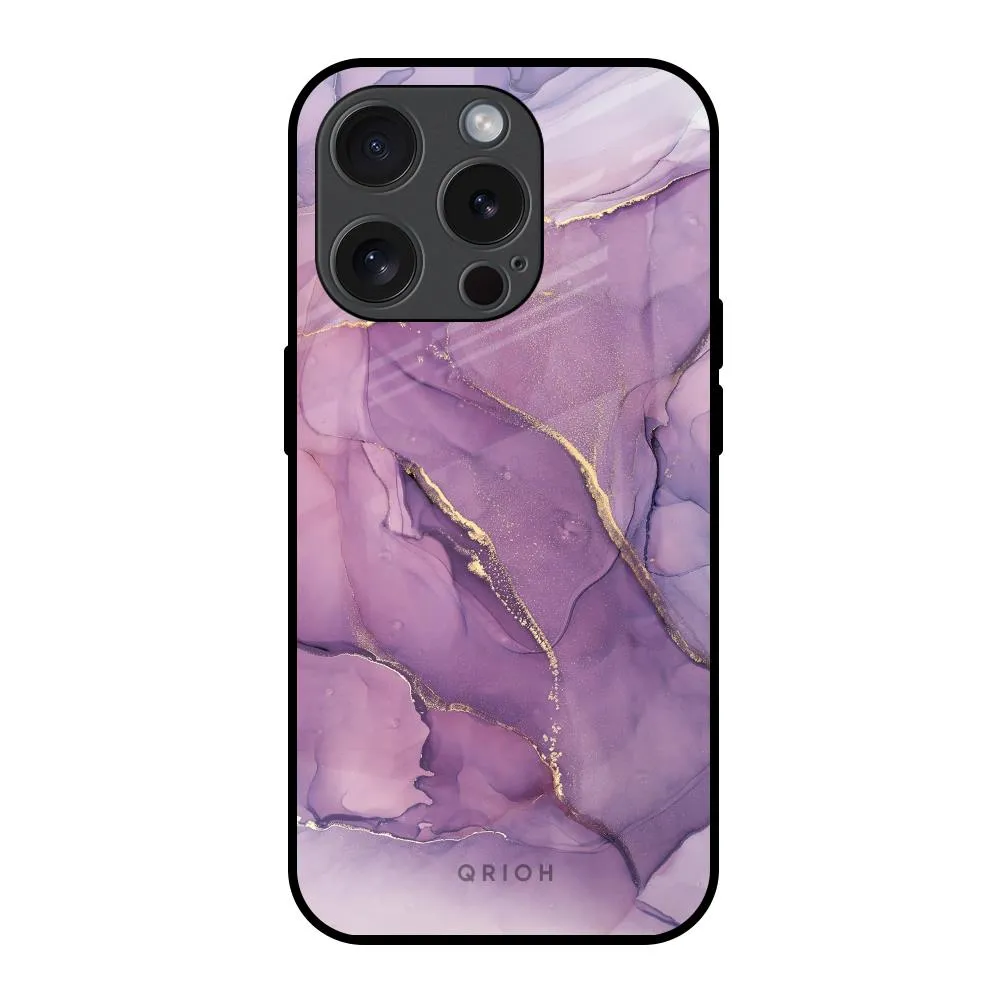 Purple Gold Marble Glass Case for iPhone 15 Pro Flexible Surface Texture
