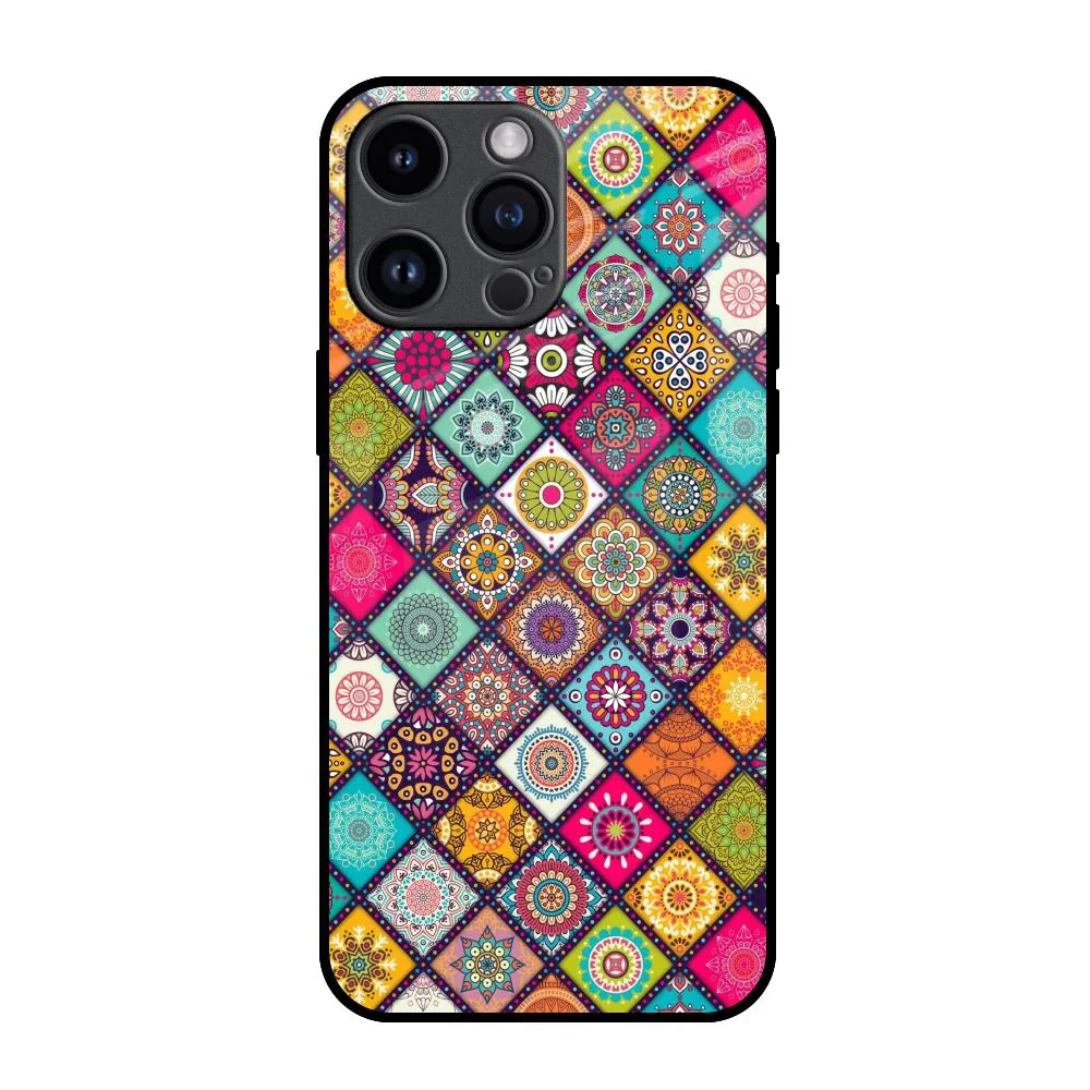 Multicolor Mandala Glass Case for iPhone 14 Pro Max Polished Texture Design