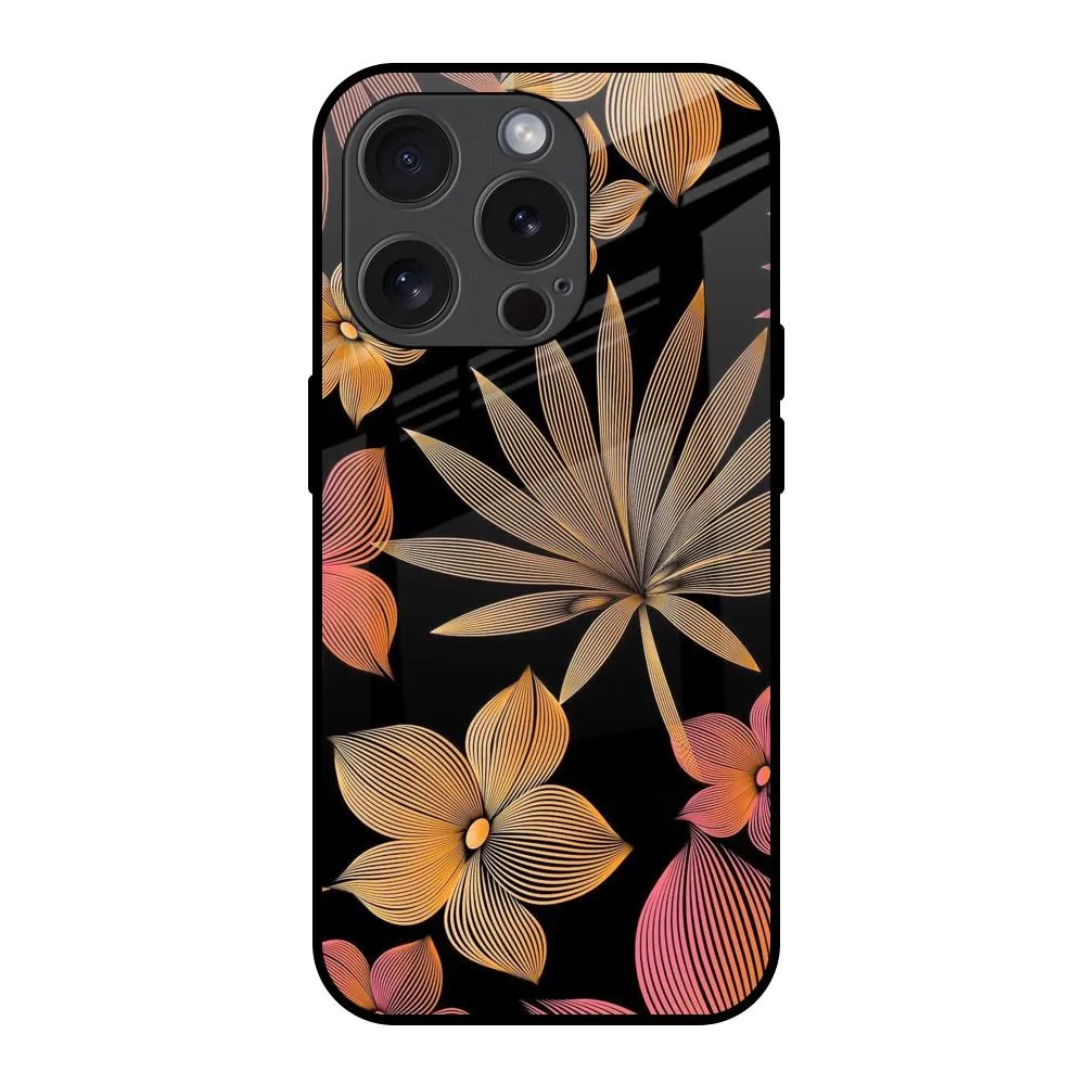 metal frame Lines Pattern Flowers Glass Case for iPhone 15 Pro