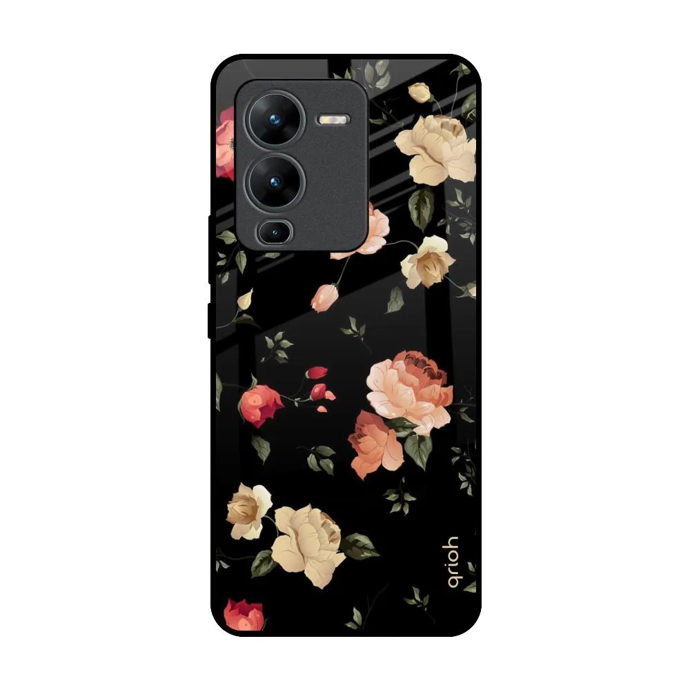 Elegant Style Black Spring Floral Glass Case for Vivo V25 Pro