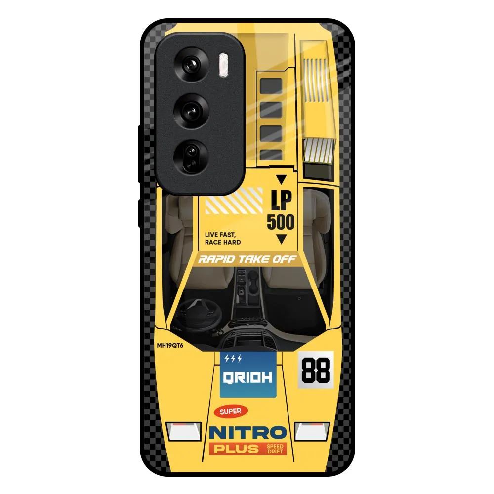 Minimal Build Texture Yellow Racing Car Glass Case for Oppo Reno 12 Pro 5G