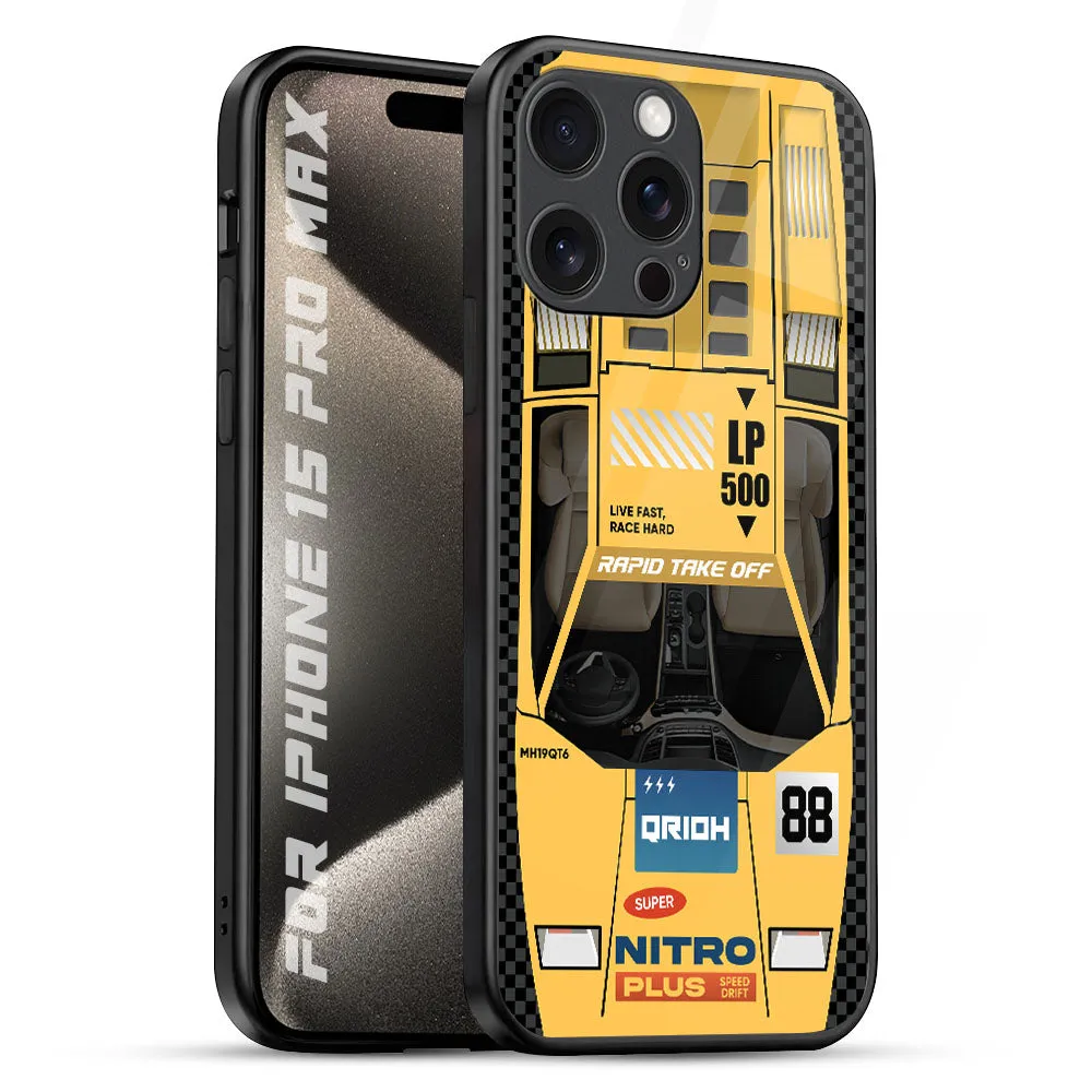 Sleek Surface Gloss Touch Yellow Racing Car Glass Case for iPhone 15 Pro Max