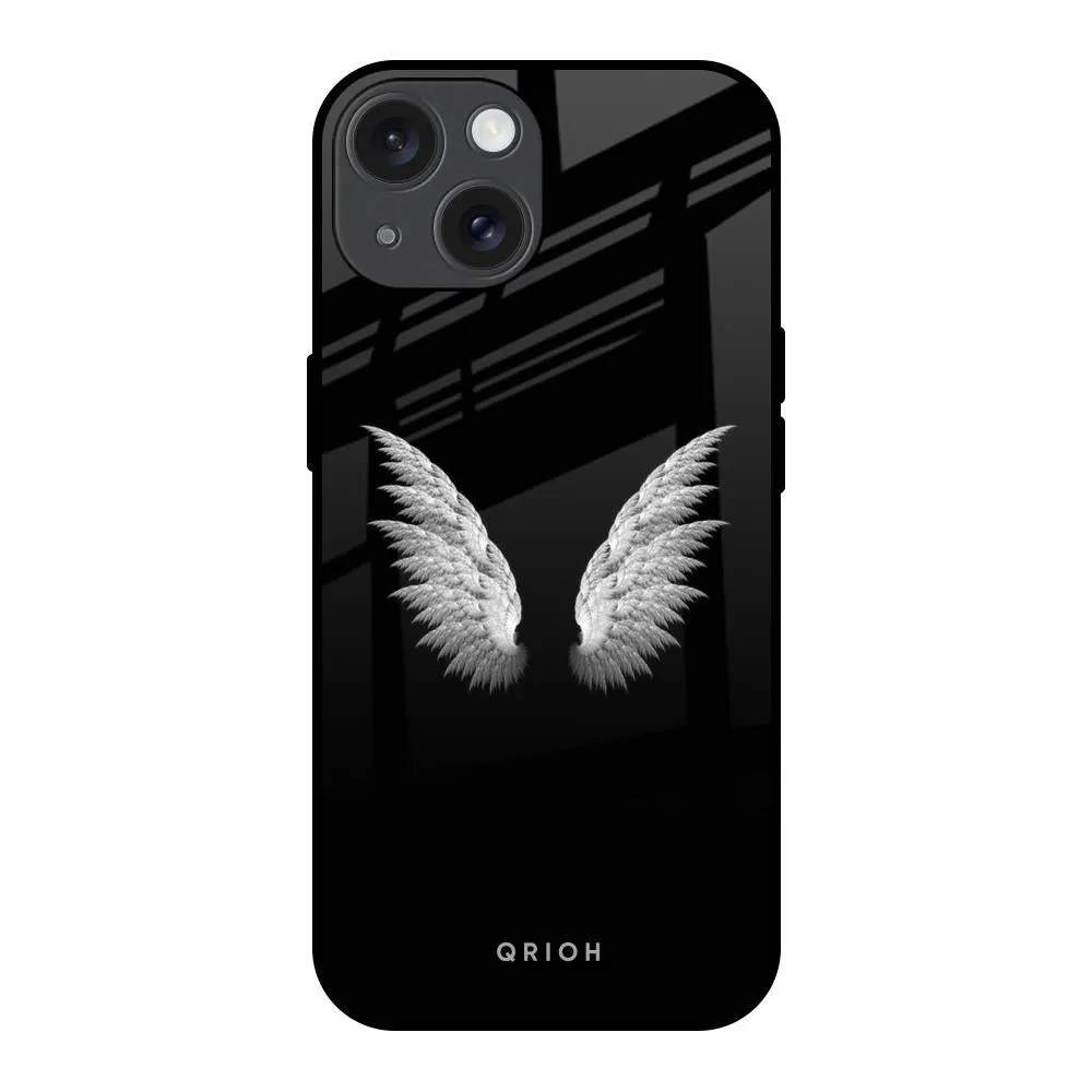 White Angel Wings Glass Case for iPhone 15 Ergonomic Texture