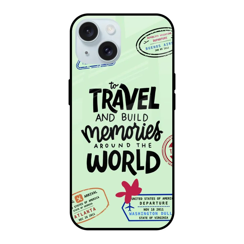 Travel Stamps Glass Case for iPhone 15 Student Friendly