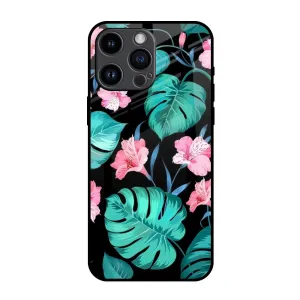 Flexible Surface Texture Tropical Leaves & Pink Flowers Glass Case for iPhone 14 Pro Max