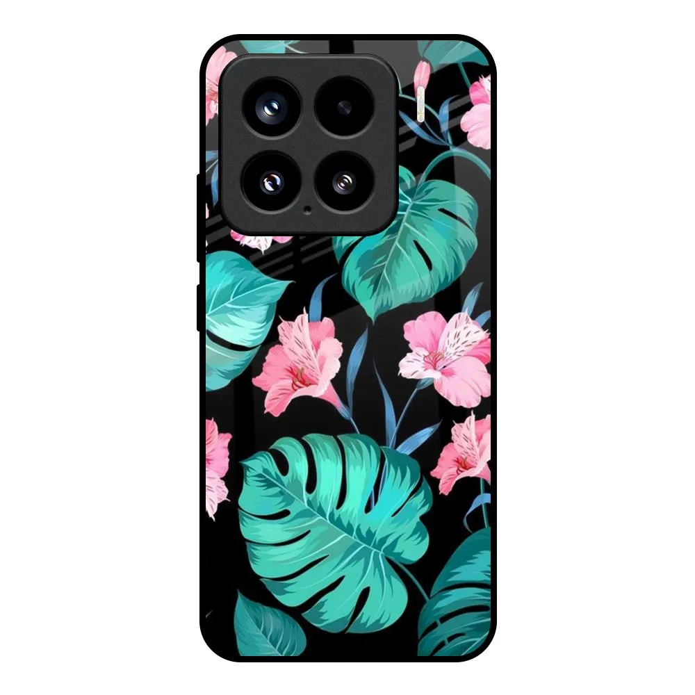 Strong Grip Shock Surface Tropical Leaves & Pink Flowers Glass Case for Mi 15 5G