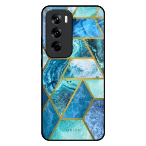 Protective Texture Layer Smooth Finish Turquoise Geometrical Marble Glass Case for Oppo Reno 12 Pro 5G