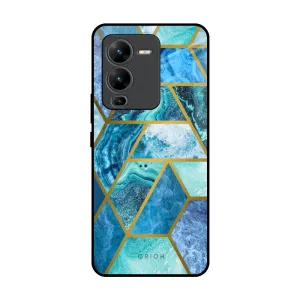 Rugged Finish Everyday Accessory Turquoise Geometrical Marble Glass Case for Vivo V25 Pro