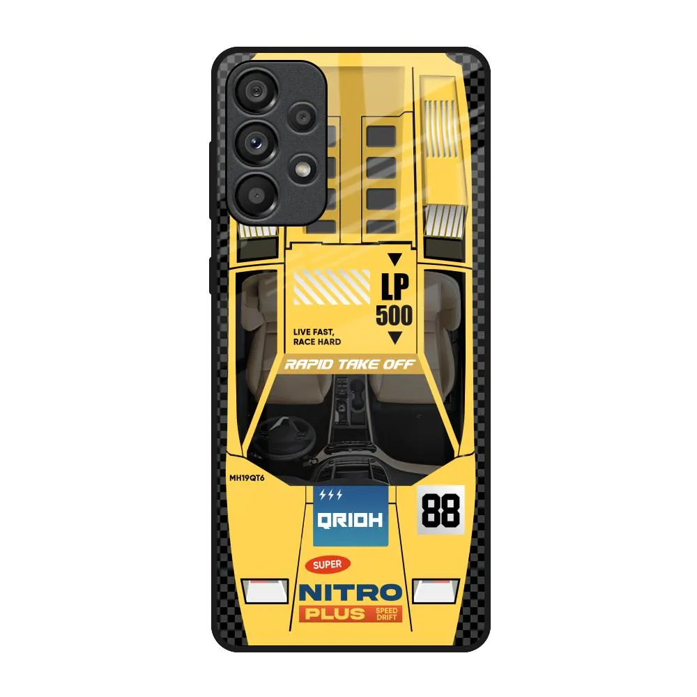 Matte Build Modern Build Texture Yellow Racing Car Glass Case for Samsung Galaxy A73 5G